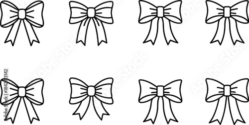 Eight simple black outline decorative gift bows arranged in two rows perfect for holiday packaging design elements