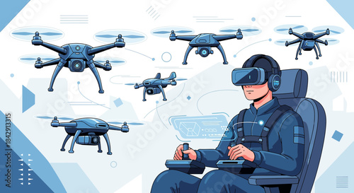 Immersive Drone Control: VR Pilot Navigating Autonomous Fleet with Advanced Interface and Headset