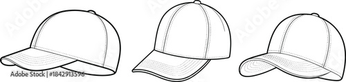 CAD drawing flat vector illustration of baseball cap in three perspective views, with stitching detail, curved visor, and structured panels