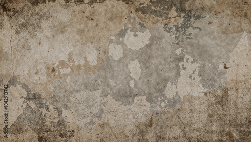 Grungy, weathered wall surface with peeling paint and stains, textured background.
