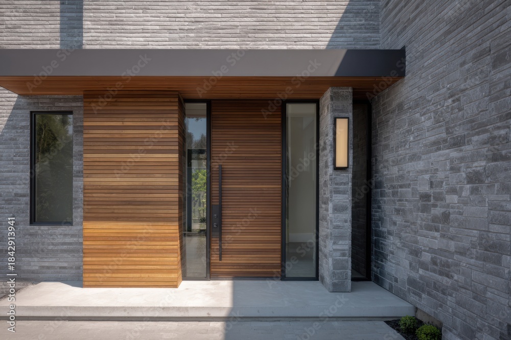 Fototapeta premium Modern entrance of a house features a wooden door with vertical slats and gray stone walls, showing a unique architectural design with clean lines in a bright daylight setting