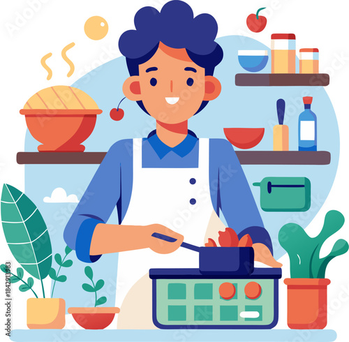 Flat vector illustration of a person happily cooking a healthy meal in a stylized kitchen, domestic bliss, white background.