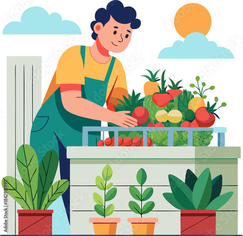 Flat vector illustration of a person harvesting fresh vegetables from their small balcony garden, growing your own food, white background.