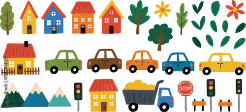 Colorful hand-drawn town elements, cute houses cars trees flowers and traffic signs for playful illustration design