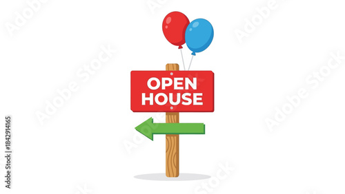 Open House Sign Vector – Red Sign with Arrow and Balloons for Real Estate Events, Property Tours, Community Gatherings, and Home Sale Promotions