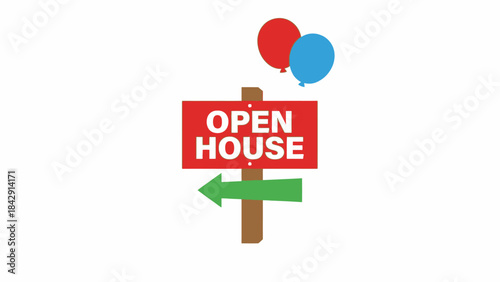 Open House Sign Vector – Red Sign with Arrow and Balloons for Real Estate Events, Property Tours, Community Gatherings, and Home Sale Promotions