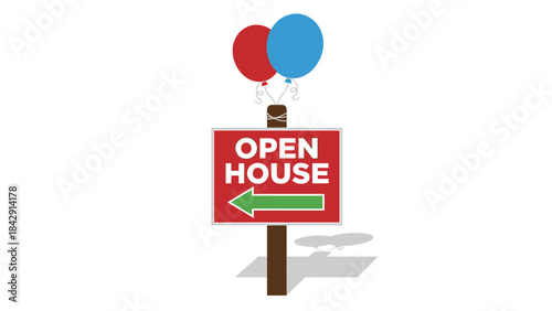 Open House Sign Vector – Red Sign with Arrow and Balloons for Real Estate Events, Property Tours, Community Gatherings, and Home Sale Promotions