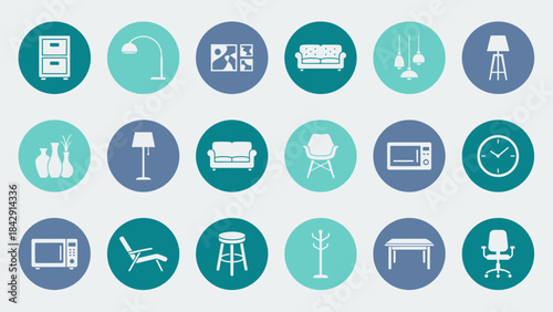 Household Furniture Icon Grid Vector – Filing Cabinet, Lamps, Chairs, Decor, Appliances for Interior Design, Home Organization, and Lifestyle Illustration Projects