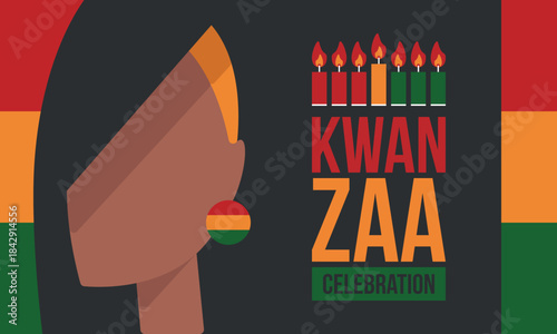 Kwanzaa Happy Celebration. African and African-American culture holiday. Seven days festival, celebrate annual from December 26 to January 1. Black history. Poster, card, banner and background. Vector