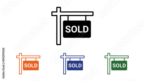 Sold Property Signpost Icon Set – Real Estate Transaction Symbols in Black, Orange, Blue, Green for Marketing, Listings, and Home Sale Promotion Projects