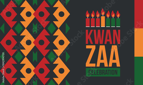 Kwanzaa Happy Celebration. African and African-American culture holiday. Seven days festival, celebrate annual from December 26 to January 1. Black history. Poster, card, banner and background. Vector