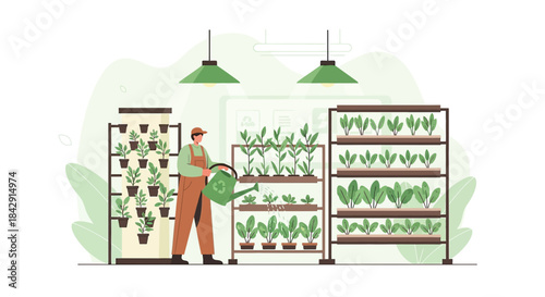 Innovative indoor farming concept with a farmer watering plants in a modern vertical garden setup