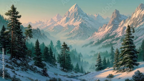 A spectacular view of towering snow-capped mountains surrounded by evergreen trees in a tranquil valley at dawn. Nature's beauty on display.