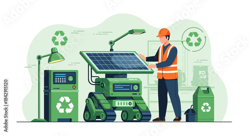 Innovative recycle technology automation with solar powered robotic systems and worker interactions