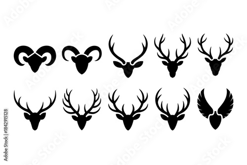 Collection of diverse animal horn and antler silhouettes showcasing deer, moose, ram, and ibex designs, highlighting wildlife shapes, rustic themes, and detailed vector elements for creative illustrat