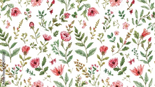 Floral pattern with pink flowers, green leaves, and small butterflies on a white background.