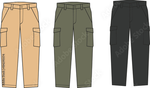 Cad drawing flat vector illustration of cargo pants front view in 3 color variations, fashion technical sketch for menswear design