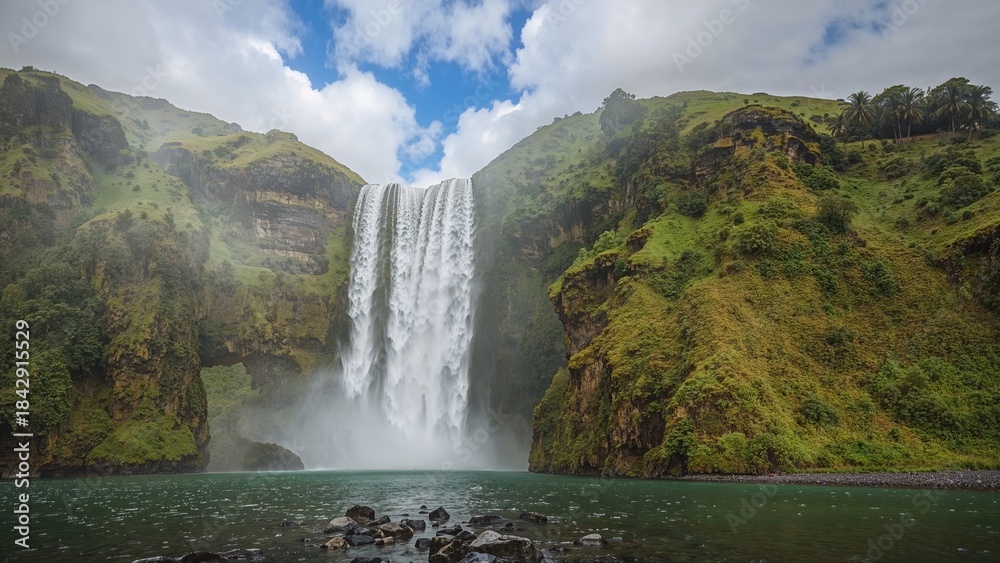 Fototapeta premium Waterfall in a lush green canyon with river at the base and cloudy sky above. Nature and landscapes, concept. Scenic views of waterfalls and wilderness.