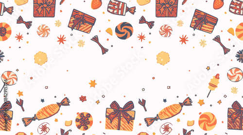 Vector illustration template featuring Christmas candy and a giftbox with a flat design style, incorporating a festive element pattern, with bold lines, vibrant colours