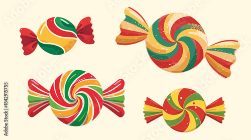 Vector illustration of a Christmas candy element in a flat design style, featuring a colorful and festive candy shape with bold lines and minimal shading