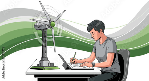 Innovator sketching wind turbine design for sustainable energy solutions at desk