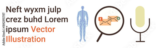 Medical education, email communication, voice recognition, anatomy learning, data search, technology use. Human skeleton, magnifying glass and microphone icons. Medical education and email