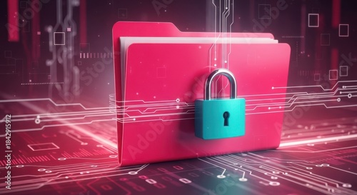 Secure red folder locked with a teal padlock on digital circuit background