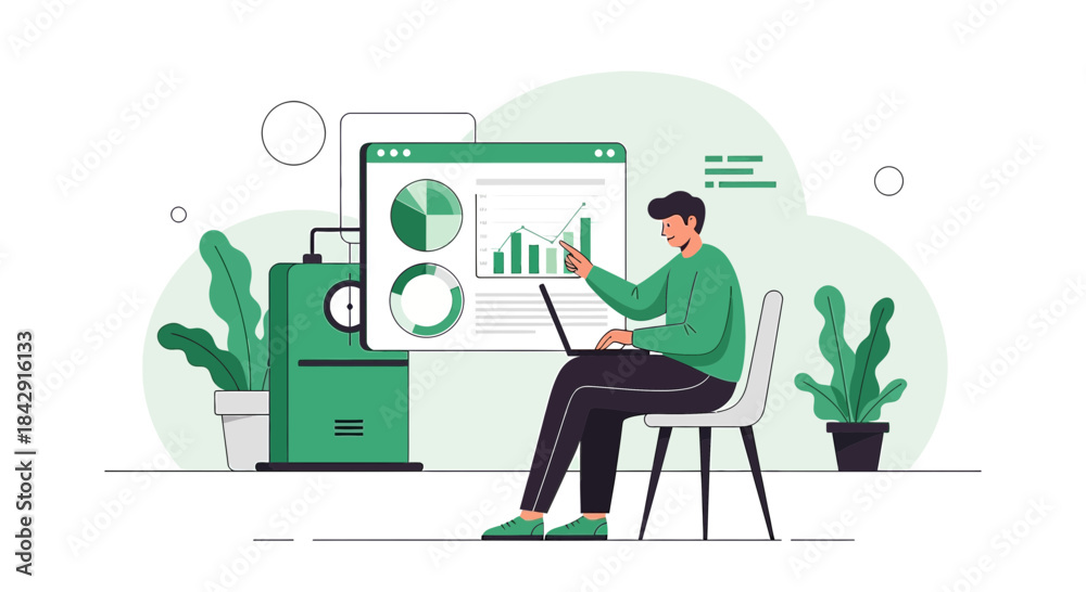 Fototapeta premium Man analyzing financial data charts on laptop screen in modern workspace setting