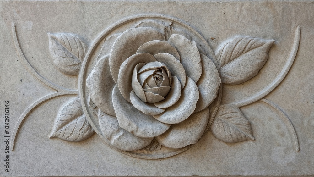 Naklejka premium A carved marble rose with leaves and decorative elements.
