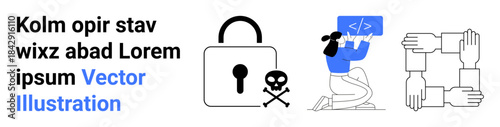 Cybersecurity, software development, collaboration, teamwork, system security, online safety. Visual elements include a lock, a developer coding and team hands joined together. Cybersecurity