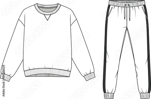 CAD drawing flat vector illustration of casual sweatshirt and jogger pants, front view, fashion technical sketch, clothing template