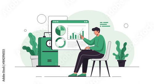 Man analyzing financial data charts on laptop screen in modern workspace setting