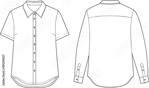 CAD drawing flat vector illustration of classic button-down shirt front and back view, technical fashion sketch apparel design template
