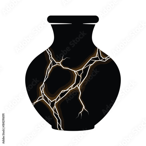 Black vase with golden cracks