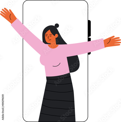 Happy woman greeting from phone screen. Video social communication