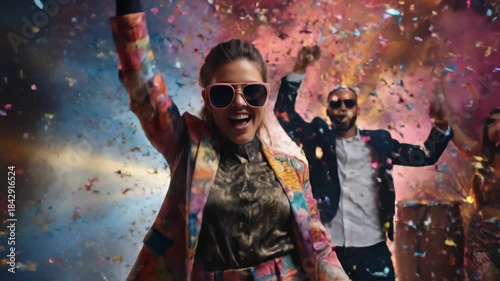 Ecstatic people, dressed in vibrant fashion, celebrating with energetic dancing and joyful expressions, as colorful confetti falls during a lively festive gathering.