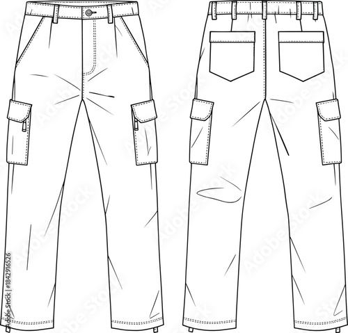 CAD drawing flat vector illustration of classic cargo pants front and back view, technical fashion sketch apparel design template