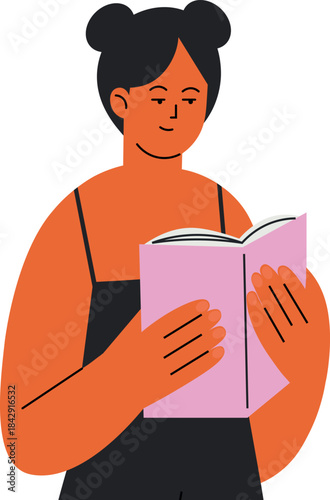 Girl reading book. Student or book lover colorful character