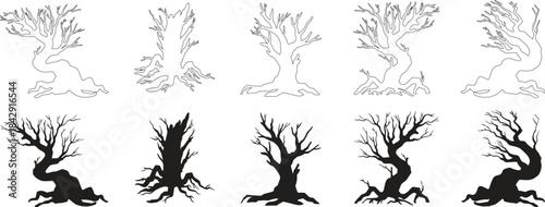 Twisted barren tree silhouettes set with leafless branches, spooky forest elements, creepy outline variations, and eerie winter tree designs for Halloween, fantasy art, and nature illustrations.