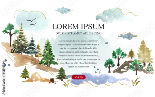 Forest background with trees and landscape in watercolour vector. Landing page design in watercolour style, forest and trees. Watercolour background.