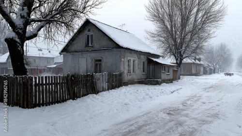 Old house on a snowy street in a quiet village during winter season with trees and fence nearby