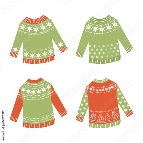 Traditional Christmas wool sweaters set. Flat style festive clothes with Fair Isle patterns for New Year celebration