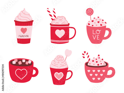 Valentine's Day Hot Drinks Collection Featuring Coffee and Hot Chocolate Mugs with Heart Decorations and Whipped Cream