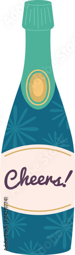 Sparkling wine with cheers label. Holiday drink icon