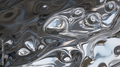 A close-up view of a metallic surface with fluid-like patterns and reflections, showcasing an artistic texture full of depth and light.