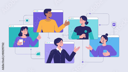 diverse team communicating in a virtual meeting vector illustration