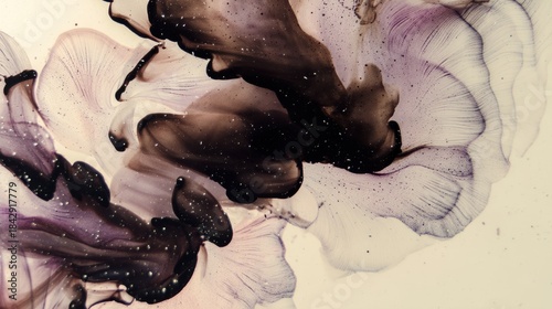 This image showcases a stunning blend of fluid art with swirling shades of black and purple, creating a captivating, dream-like quality.