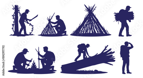 Silhouettes showing different activities related to outdoor survival and bushcraft
