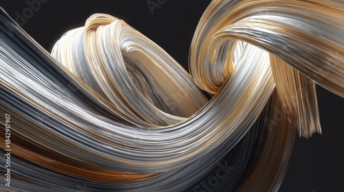 This image showcases an abstract design featuring swirling strands of shiny, metallic material in silver and gold tones, set against a dark background.