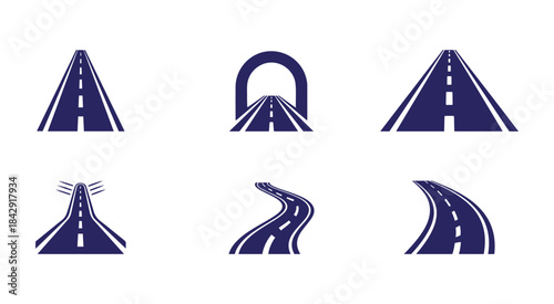 Collection of road and transportation icons representing different paths and journeys